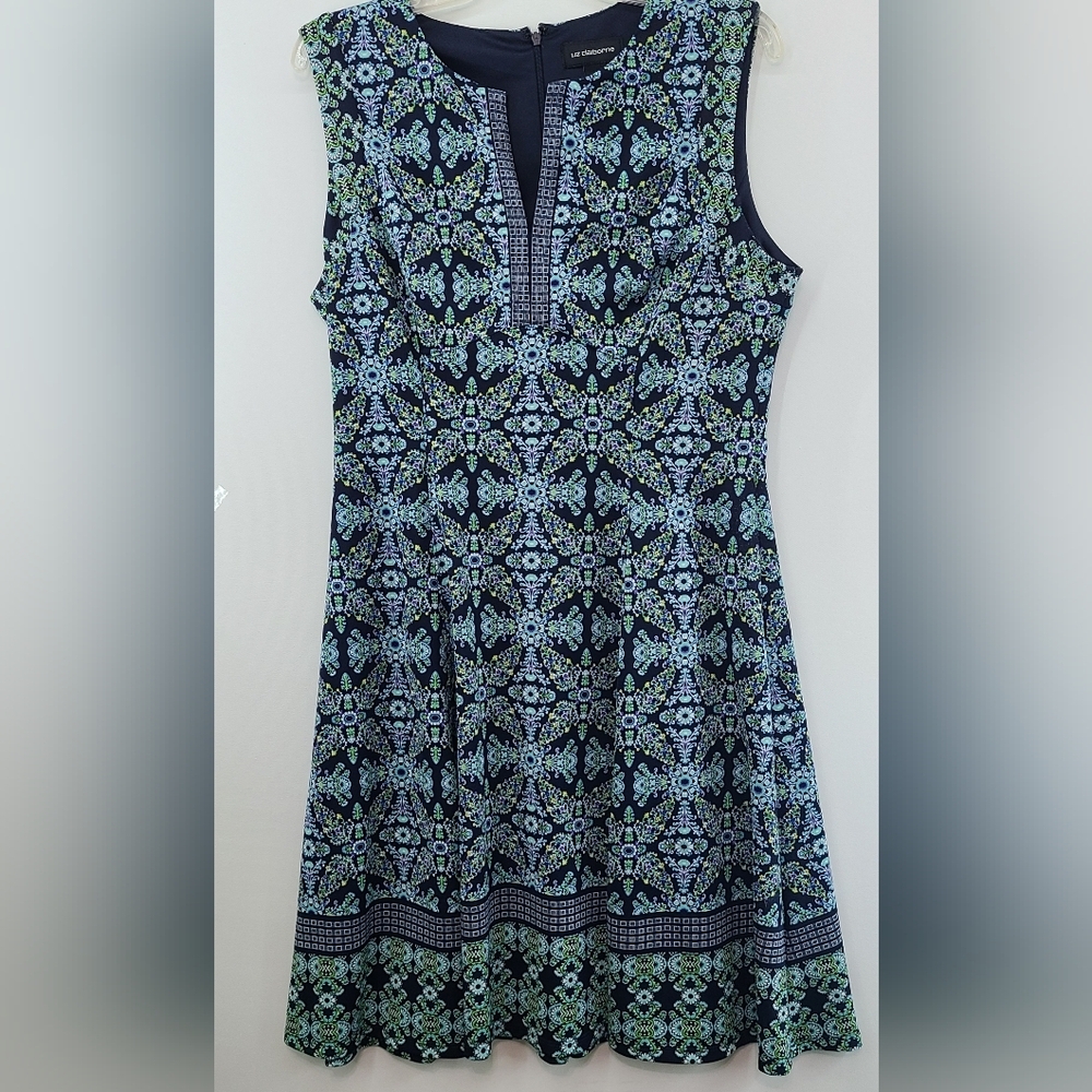 LIZ CLAIBORNE Women's Blue Print Sleeveless Fit & Flare Dress Size 12